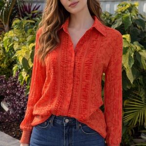 Chico's Bright Orange Textured Button-Down Shirt